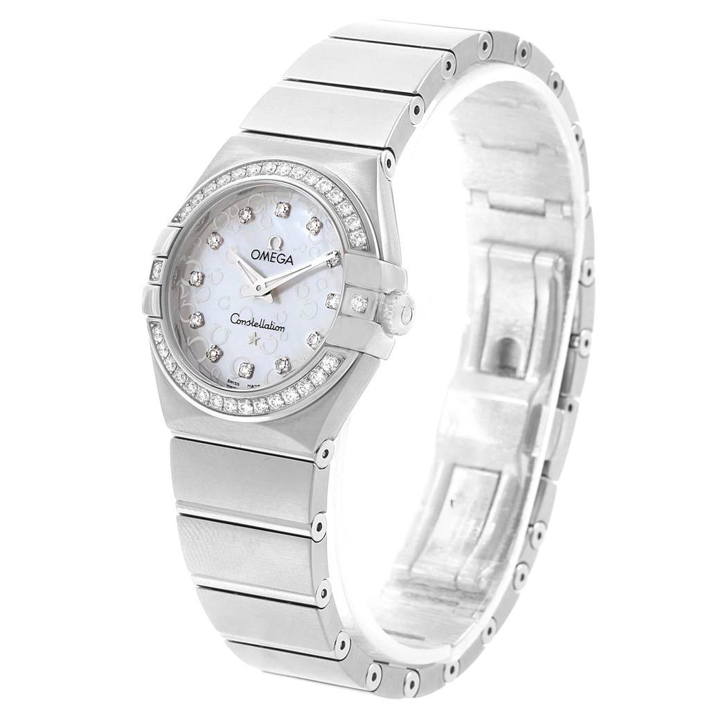 The image shows the Omega 123.15.27.60.55.005 Women
s Stainless Steel Mother of Pearl Dial 123.15.27.60.55.005 Women
s Stainless Steel Mother of Pearl Dial Constellation Diamonds Ladies Watch model 123.15.27.60.55.005 from a front and slightly left side angle, displaying the bracelet and dial.