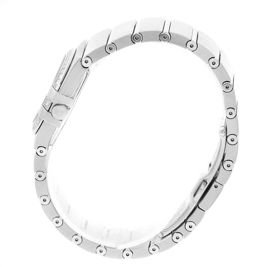 The image shows a side view of the bracelet and side case of an Omega 123.15.27.60.55.005 Women
s Stainless Steel Mother of Pearl Dial 123.15.27.60.55.005 Women
s Stainless Steel Mother of Pearl Dial Constellation Diamonds Ladies Watch, model 123.15.27.60.55.005.