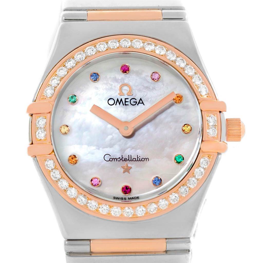 The image shows a frontal view of the Omega 1465.79.00 Women
s Steel and Gold (two tone) Mother of Pearl Dial 1465.79.00 Women
s Steel and Gold (two tone) Mother of Pearl Dial Constellation Iris My Choice Steel Rose Gold Ladies Watch 1373.79.