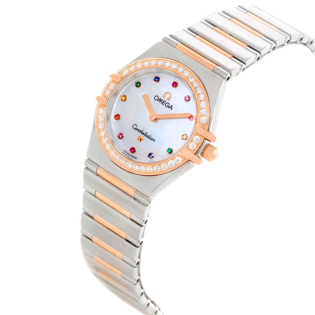 The Omega 1465.79.00 Women
s Steel and Gold (two tone) Mother of Pearl Dial 1465.79.00 Women
s Steel and Gold (two tone) Mother of Pearl Dial Constellation Iris My Choice Steel Rose Gold Ladies Watch model 1373.79 is shown at a slight angle, highlighting its face and bracelet.