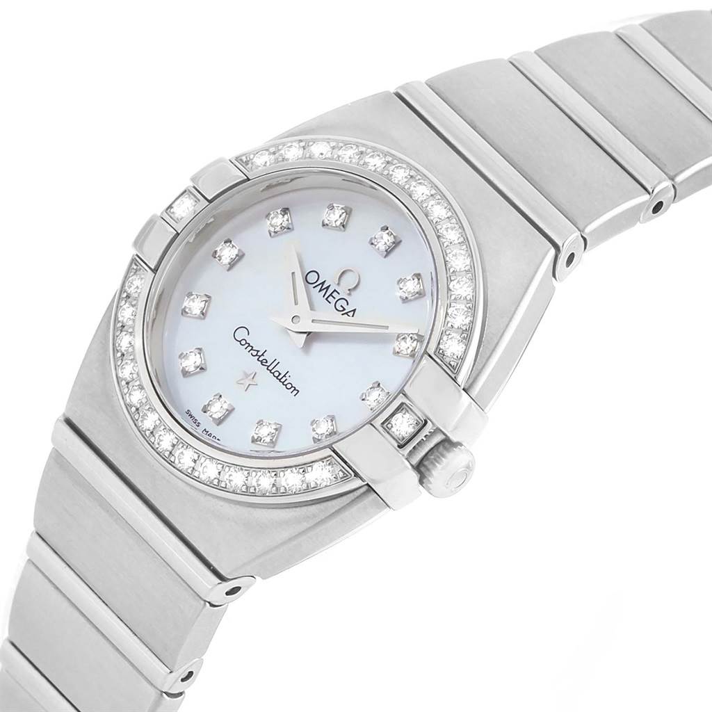 The image shows a frontal view of the Omega 1589.75.00 Women's Stainless Steel Mother of Pearl Dial 1589.75.00 Women's Stainless Steel Mother of Pearl Dial Constellation MOP Diamond Steel Ladies Watch 1589.75.00, focusing on the dial and bracelet.
