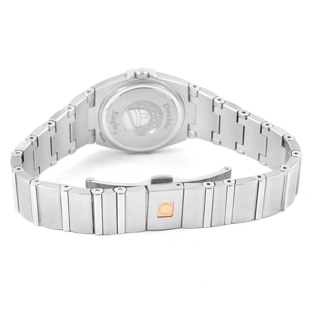 The image shows the back and bracelet of the Omega 1589.75.00 Women's Stainless Steel Mother of Pearl Dial 1589.75.00 Women's Stainless Steel Mother of Pearl Dial Constellation MOP Diamond Steel Ladies Watch 1589.75.00.