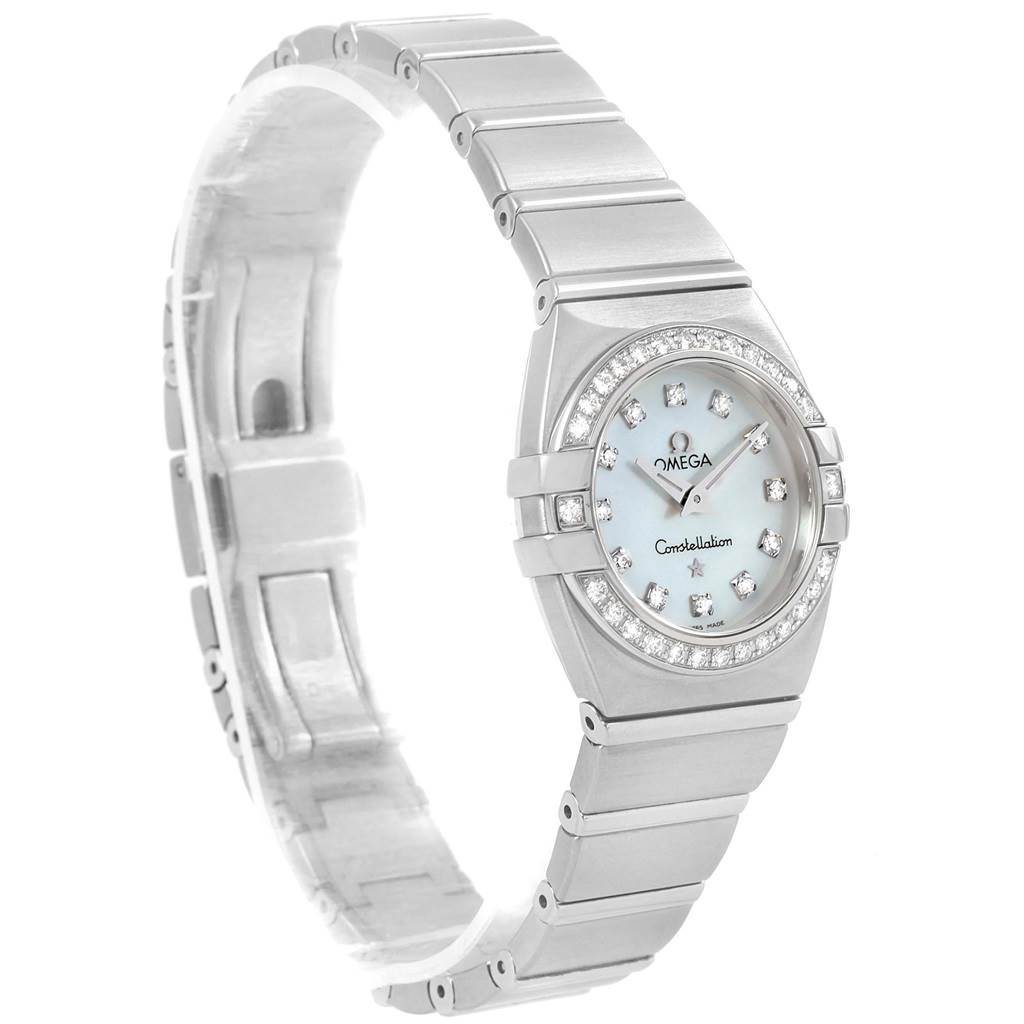 The image shows the front angle of the Omega 1589.75.00 Women's Stainless Steel Mother of Pearl Dial 1589.75.00 Women's Stainless Steel Mother of Pearl Dial Constellation MOP Diamond Steel Ladies Watch 1589.75.00, highlighting its dial and bracelet.