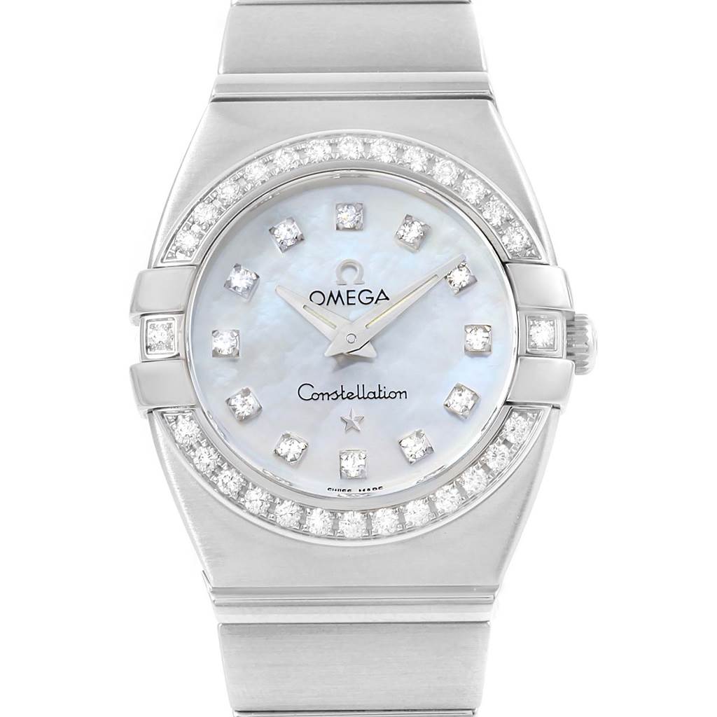 The image shows the front view of an Omega 1589.75.00 Women's Stainless Steel Mother of Pearl Dial 1589.75.00 Women's Stainless Steel Mother of Pearl Dial Constellation MOP Diamond Steel Ladies Watch 1589.75.00.