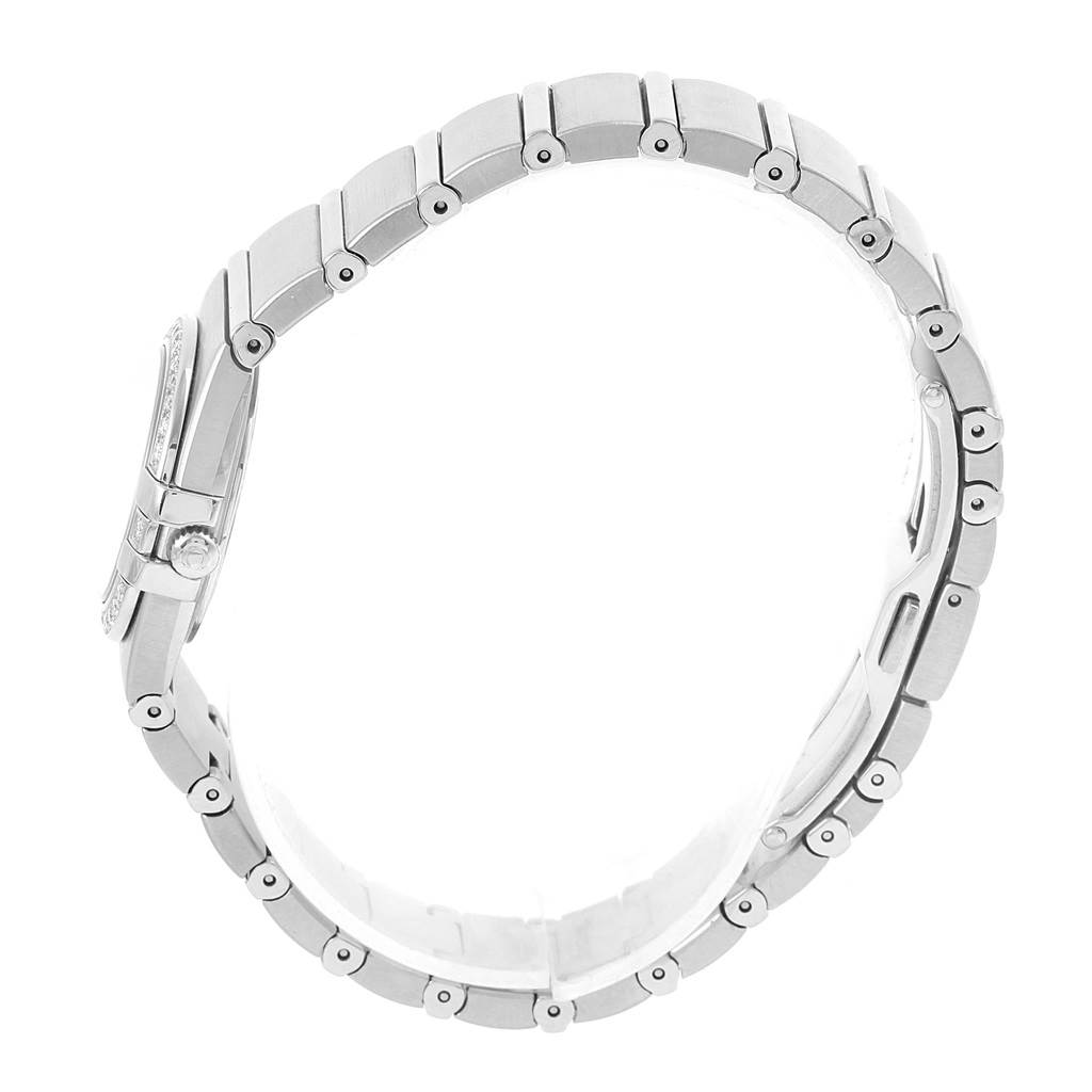 The image shows the side view of the Omega 1589.75.00 Women's Stainless Steel Mother of Pearl Dial 1589.75.00 Women's Stainless Steel Mother of Pearl Dial Constellation MOP Diamond Steel Ladies Watch 1589.75.00, highlighting its bracelet and clasp.