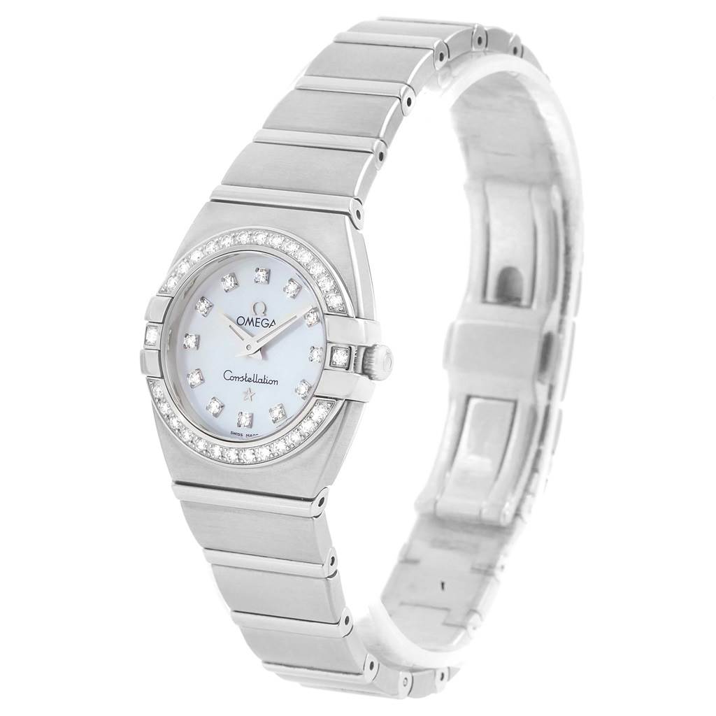 The Omega 1589.75.00 Women's Stainless Steel Mother of Pearl Dial 1589.75.00 Women's Stainless Steel Mother of Pearl Dial Constellation MOP Diamond Steel Ladies Watch 1589.75.00 is shown at a slight angle, highlighting its face, band, and bezel.