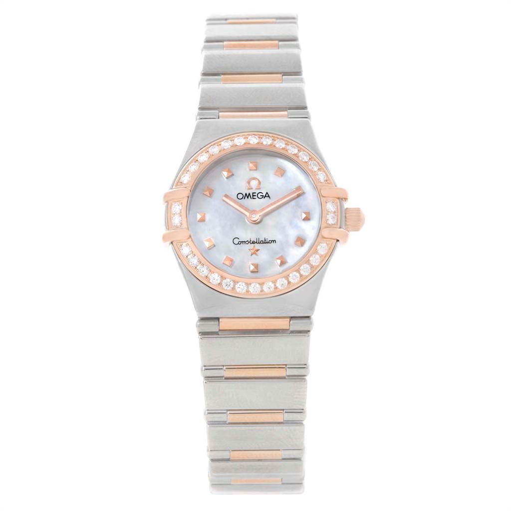 The image shows a front view of the Omega 1368.71.00 Women's Steel and Gold (two tone) Mother of Pearl Dial 1368.71.00 Women's Steel and Gold (two tone) Mother of Pearl Dial Constellation My Choice MOP Diamond Dial Ladies Watch 1368.71.00, highlighting its dial, bezel, and bracelet.
