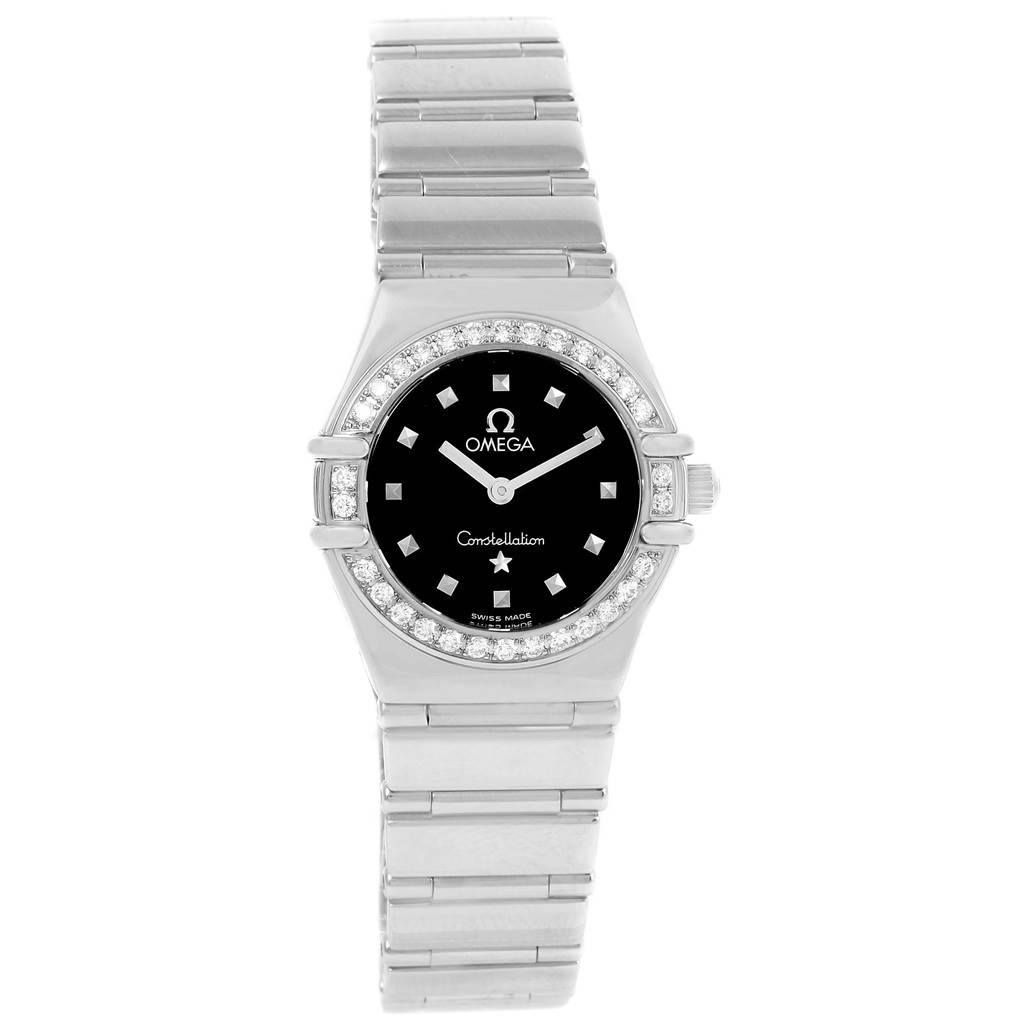 The image shows a front view of the Omega 1465.51.00 Women
s Stainless Steel Black Dial 1465.51.00 Women
s Stainless Steel Black Dial Constellation My Choice Mini Ladies Diamond Watch 1465.51.00, displaying the face and band.