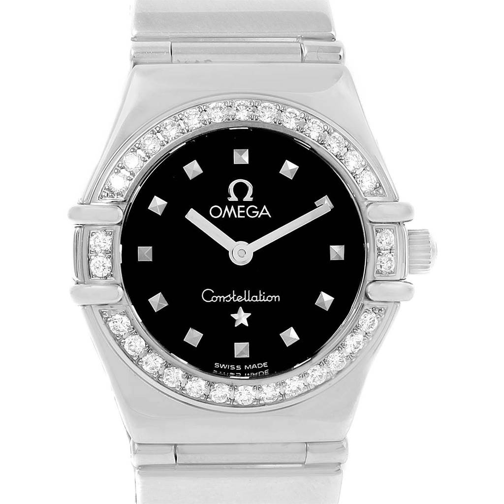 Front view of the Omega 1465.51.00 Women
s Stainless Steel Black Dial 1465.51.00 Women
s Stainless Steel Black Dial Constellation My Choice Mini Ladies Diamond Watch 1465.51.00, showing the face, bezel, and part of the bracelet.