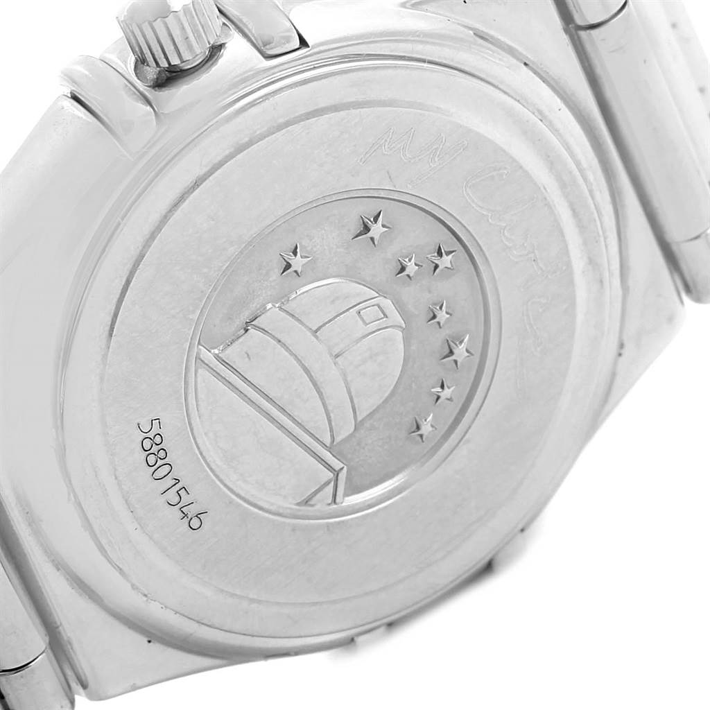 The image shows the back and part of the crown of the Omega 1465.51.00 Women
s Stainless Steel Black Dial 1465.51.00 Women
s Stainless Steel Black Dial Constellation My Choice Mini Ladies Diamond Watch 1465.51.00.