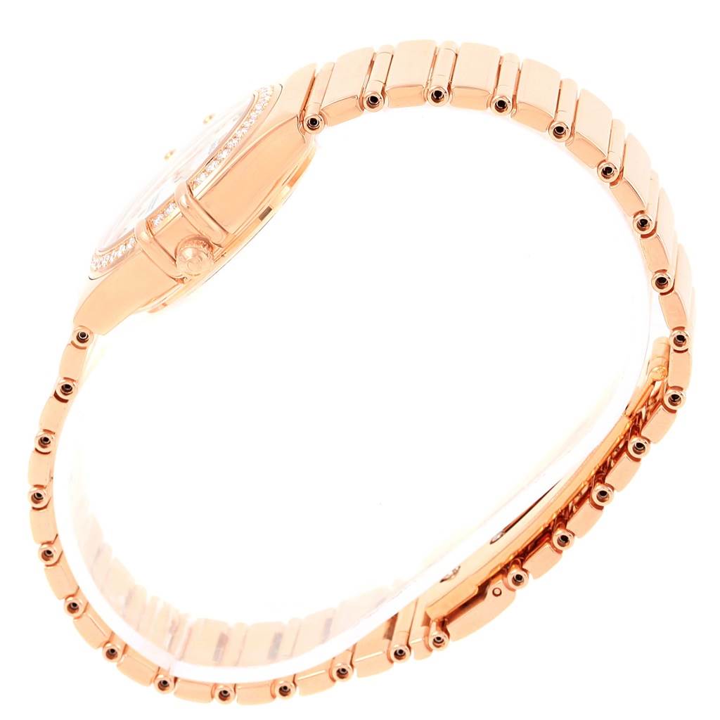 The image shows a side view of the Omega 1140.79.00 Women
s Rose Gold Mother of Pearl Dial 1140.79.00 Women
s Rose Gold Mother of Pearl Dial Constellation Iris My Choice Rose Gold Ladies Watch 1140.79, highlighting the band and case.