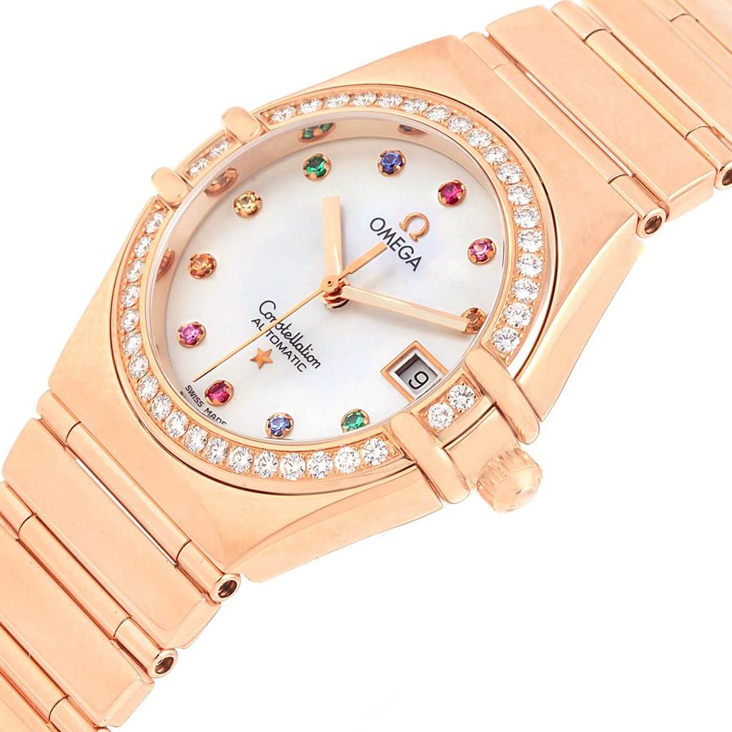 The image shows an angled view of the Omega 1140.79.00 Women
s Rose Gold Mother of Pearl Dial 1140.79.00 Women
s Rose Gold Mother of Pearl Dial Constellation Iris My Choice Rose Gold Ladies Watch 1140.79, focusing on the dial and bracelet.