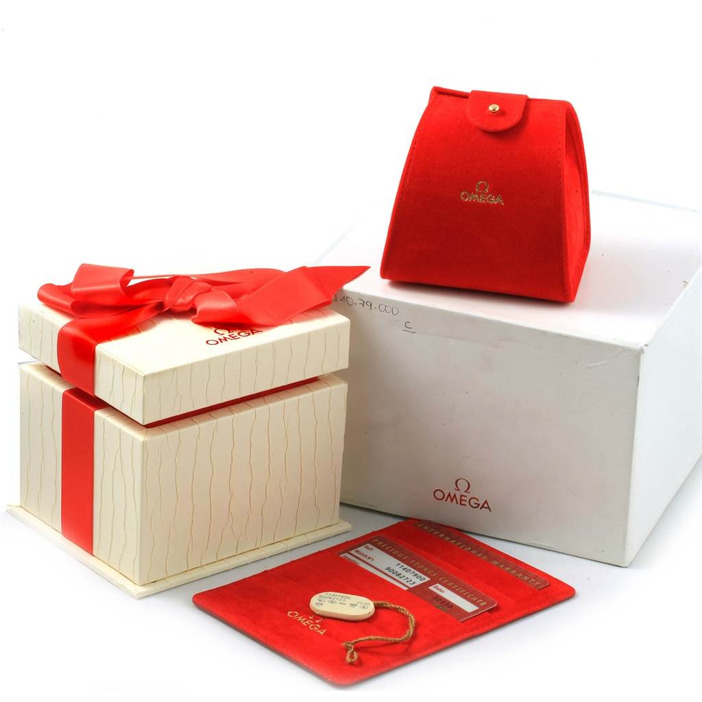 The image shows the packaging, box, and warranty cards for the Omega 1140.79.00 Women
s Rose Gold Mother of Pearl Dial 1140.79.00 Women
s Rose Gold Mother of Pearl Dial Constellation Iris My Choice Rose Gold Ladies Watch 1140.79 model.