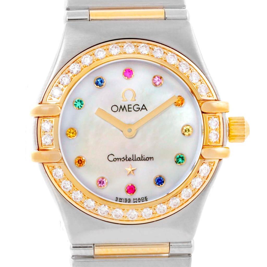 This image shows the front view of the Omega 1365.79.00 Women
s Steel and Gold (two tone) Mother of Pearl Dial 1365.79.00 Women
s Steel and Gold (two tone) Mother of Pearl Dial Constellation Iris Steel Yellow Gold Multi Stone Watch 1365.79.00.