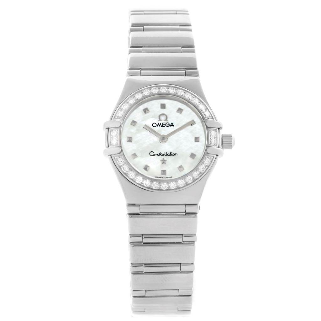 The image shows a frontal view of the Omega 1465.71.00 Women
s Stainless Steel Mother of Pearl Dial 1465.71.00 Women
s Stainless Steel Mother of Pearl Dial Constellation My Choice Mini Diamond Steel Watch 1465.71.00.