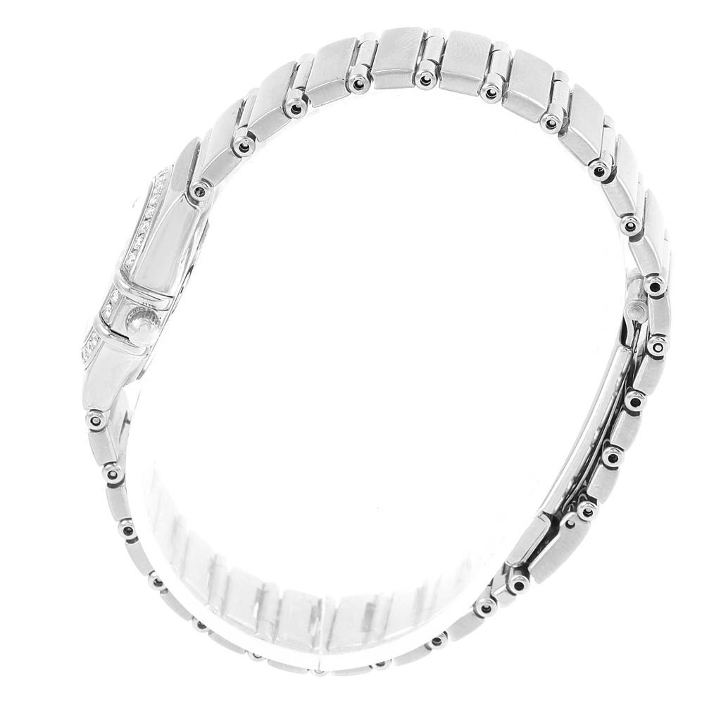 The image shows a side view of the Omega 1465.71.00 Women
s Stainless Steel Mother of Pearl Dial 1465.71.00 Women
s Stainless Steel Mother of Pearl Dial Constellation My Choice Mini Diamond Steel Watch 1465.71.00, focusing on its bracelet and clasp.