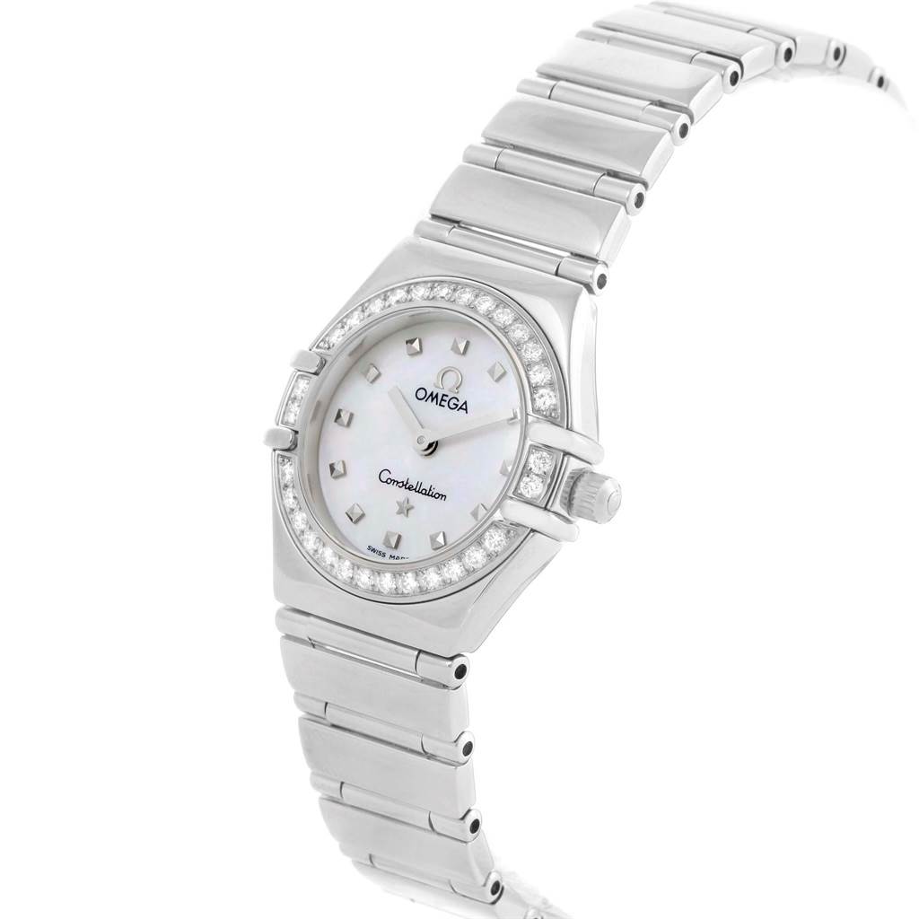 The image shows an angled view of the Omega 1465.71.00 Women
s Stainless Steel Mother of Pearl Dial 1465.71.00 Women
s Stainless Steel Mother of Pearl Dial Constellation My Choice Mini Diamond Steel Watch 1465.71.00, highlighting its dial, bezel, and bracelet.