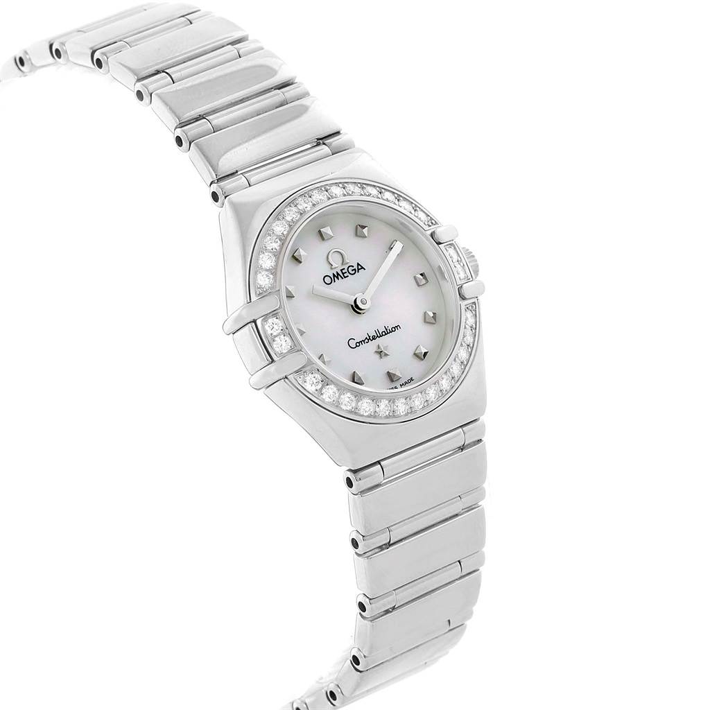 The image shows a diagonal view of the Omega 1465.71.00 Women
s Stainless Steel Mother of Pearl Dial 1465.71.00 Women
s Stainless Steel Mother of Pearl Dial Constellation My Choice Mini Diamond Steel Watch 1465.71.00, highlighting the dial, bezel, and bracelet.