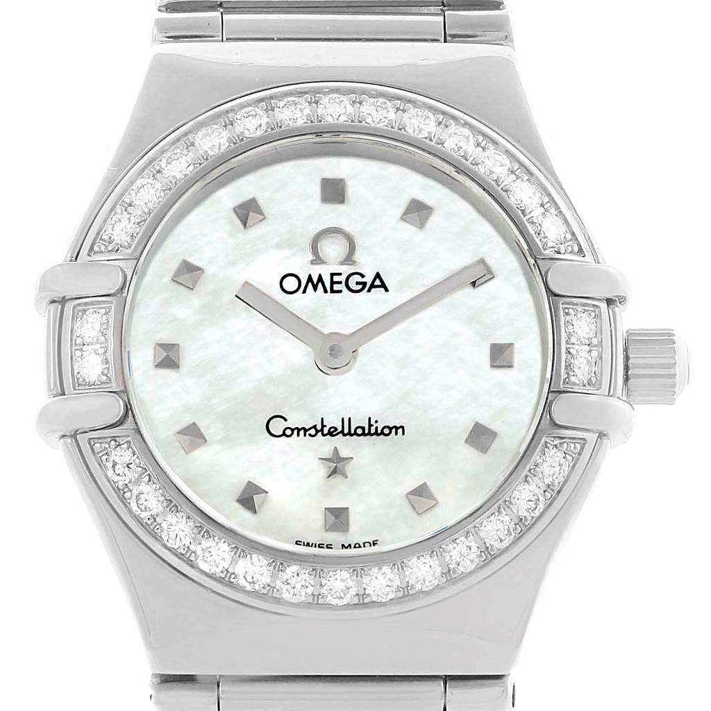 The Omega 1465.71.00 Women
s Stainless Steel Mother of Pearl Dial 1465.71.00 Women
s Stainless Steel Mother of Pearl Dial Constellation My Choice Mini Diamond Steel Watch 1465.71.00 is shown from a frontal angle, highlighting the face and bezel.