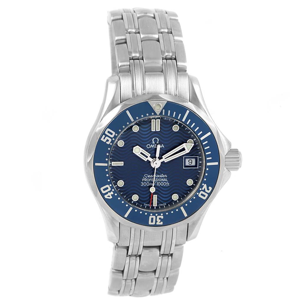 This image shows a front view of the Omega Women's Stainless Steel Blue Dial Women's Stainless Steel Blue Dial Seamaster Professional 300M Blue Wave Dial 28mm Ladies Watch, highlighting the face and bracelet.
