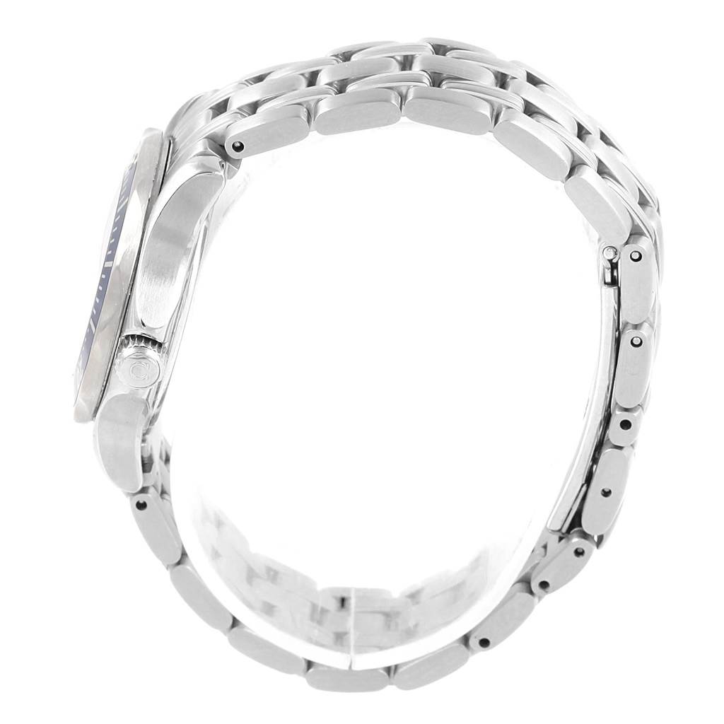 This side view image of the Omega Women's Stainless Steel Blue Dial Women's Stainless Steel Blue Dial Seamaster Professional 300M Blue Wave Dial 28mm Ladies Watch showcases the bracelet and side profile of the case.