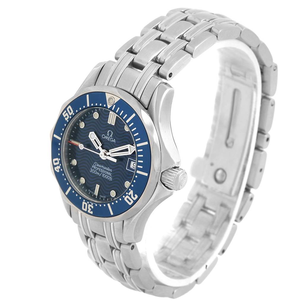 The Omega Women's Stainless Steel Blue Dial Women's Stainless Steel Blue Dial Seamaster Professional 300M 28mm Ladies Watch is shown at an angle displaying the blue wave dial, bezel, crown, and bracelet.