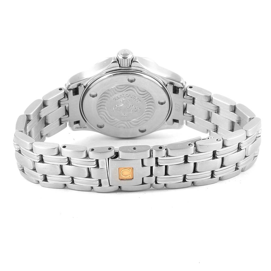 The image shows the back and clasp of the Omega Women's Stainless Steel Blue Dial Women's Stainless Steel Blue Dial Seamaster Professional 300M Blue Wave Dial 28mm Ladies Watch.