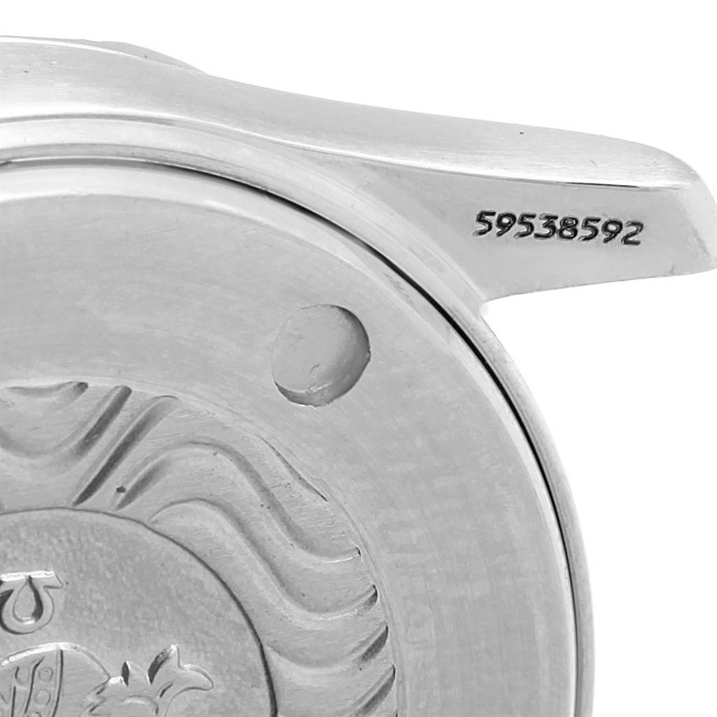 The image shows a close-up of the back and lug areas of the Omega Women's Stainless Steel Blue Dial Women's Stainless Steel Blue Dial Seamaster Professional 300M Blue Wave Dial 28mm Ladies Watch.