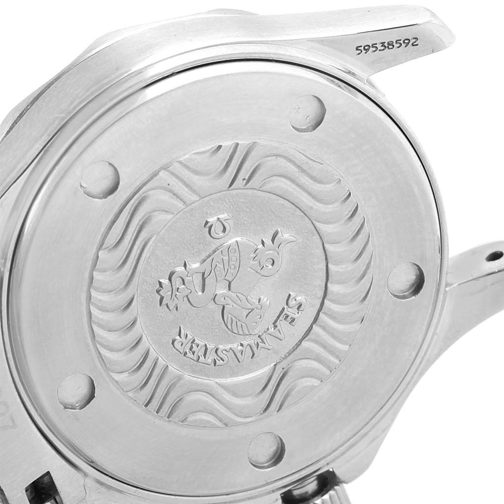 The image shows the case back of the Omega Women's Stainless Steel Blue Dial Women's Stainless Steel Blue Dial Seamaster Professional 300M Blue Wave Dial 28mm Ladies Watch.