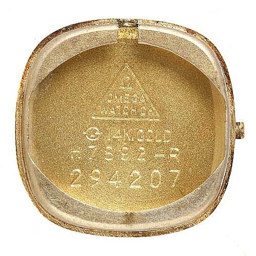 The image shows the inside of the case back for the Omega H7892-R Women's Yellow Gold Champagne Dial H7892-R Women's Yellow Gold Champagne Dial Vintage Ladies 14k Yellow Gold Diamond Watch.