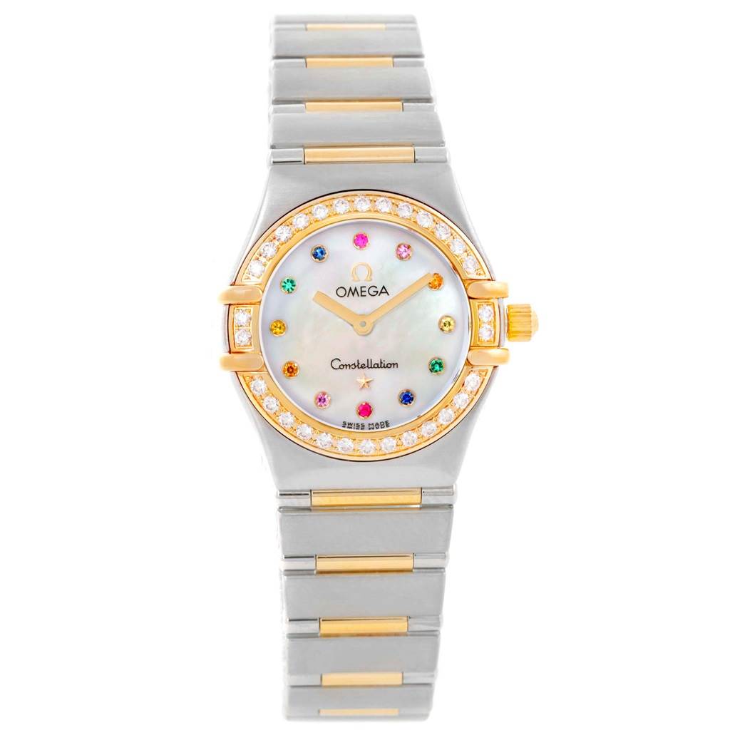 The image shows the front view of an Omega 1365.79.00 Women
s Steel and Gold (two tone) Mother of Pearl Dial 1365.79.00 Women
s Steel and Gold (two tone) Mother of Pearl Dial Constellation Iris Steel Yellow Gold Multi Stone Watch 1365.79.00.