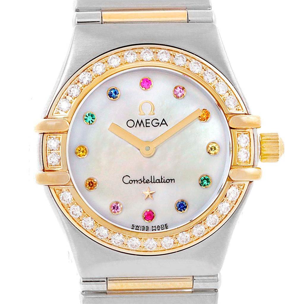 The image shows a front view of the Omega 1365.79.00 Women
s Steel and Gold (two tone) Mother of Pearl Dial 1365.79.00 Women
s Steel and Gold (two tone) Mother of Pearl Dial Constellation Iris Steel Yellow Gold Multi Stone Watch 1365.79.00, highlighting the dial and bezel.