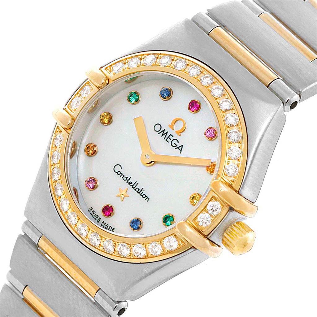 The image shows a close-up view of the Omega 1365.79.00 Women
s Steel and Gold (two tone) Mother of Pearl Dial 1365.79.00 Women
s Steel and Gold (two tone) Mother of Pearl Dial Constellation Iris Steel Yellow Gold Multi Stone Watch (model 1365.79.00).