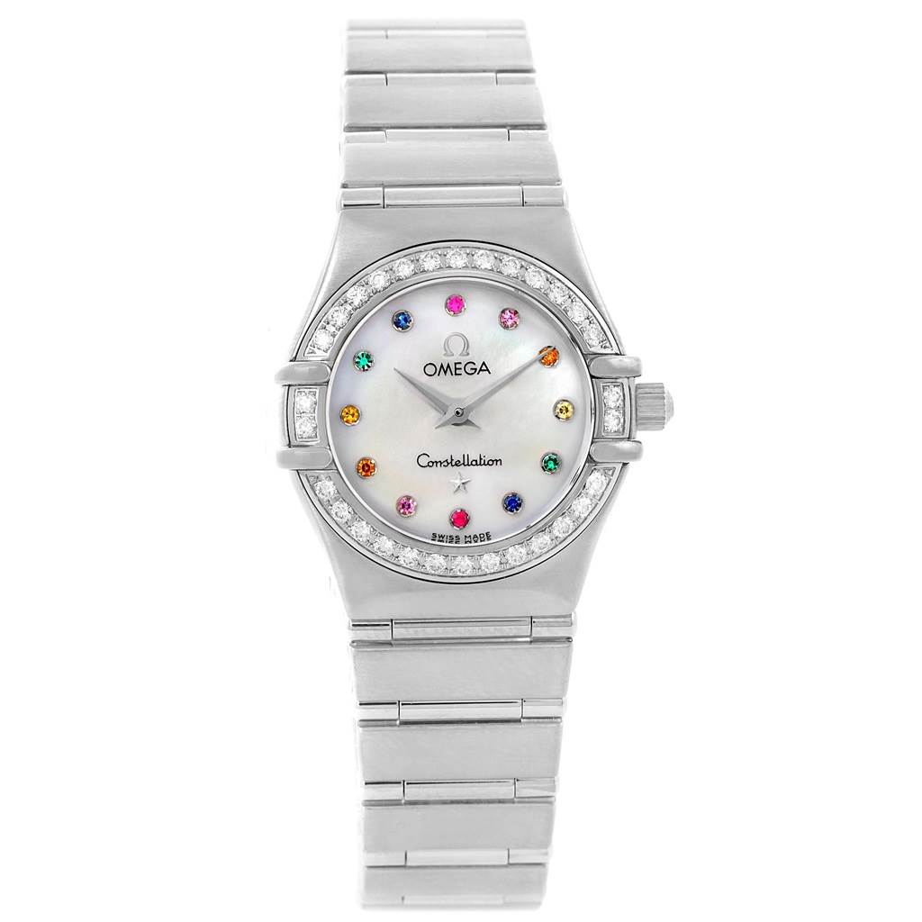 The image shows a front view of the Omega 1460.79.00 Women's Stainless Steel Mother of Pearl Dial 1460.79.00 Women's Stainless Steel Mother of Pearl Dial Constellation Iris Rainbow Multi Stone Watch 1460.79.00 displaying its face, bezel, and bracelet.