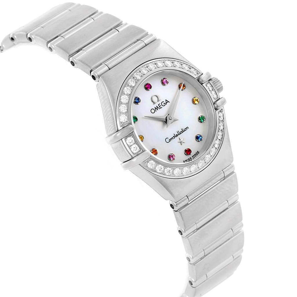 The Omega 1460.79.00 Women's Stainless Steel Mother of Pearl Dial 1460.79.00 Women's Stainless Steel Mother of Pearl Dial Constellation Iris Rainbow Multi Stone Watch 1460.79.00 is shown at an angled view, displaying the face, bezel, bracelet, and crown.
