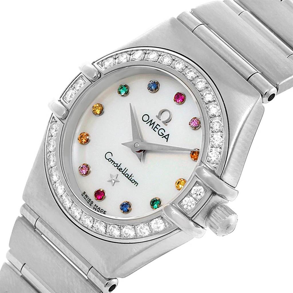 The image shows a close-up of the face and bracelet of the Omega 1460.79.00 Women's Stainless Steel Mother of Pearl Dial 1460.79.00 Women's Stainless Steel Mother of Pearl Dial Constellation Iris Rainbow Multi Stone Watch 1460.79.00.