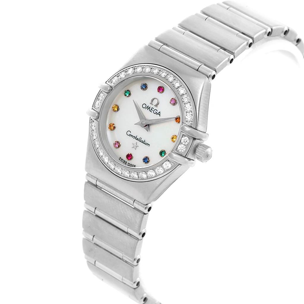 The image shows the Omega 1460.79.00 Women's Stainless Steel Mother of Pearl Dial 1460.79.00 Women's Stainless Steel Mother of Pearl Dial Constellation Iris Rainbow Multi Stone Watch 1460.79.00 at an angled view, displaying the dial, bezel, and bracelet.