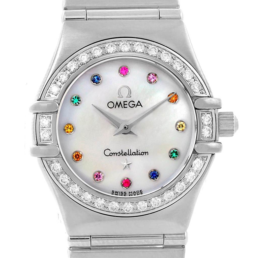 The image shows a frontal view of the Omega 1460.79.00 Women's Stainless Steel Mother of Pearl Dial 1460.79.00 Women's Stainless Steel Mother of Pearl Dial Constellation Iris Rainbow Multi Stone Watch 1460.79.00, highlighting the dial and bezel.