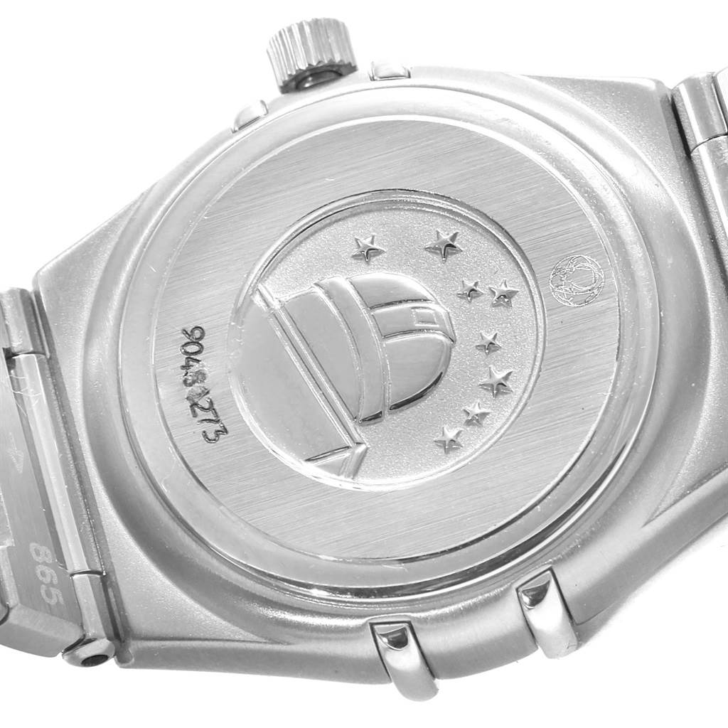 The image shows the back case and bracelet clasp of the Omega 1460.79.00 Women's Stainless Steel Mother of Pearl Dial 1460.79.00 Women's Stainless Steel Mother of Pearl Dial Constellation Iris Rainbow Multi Stone Watch model 1460.79.00.