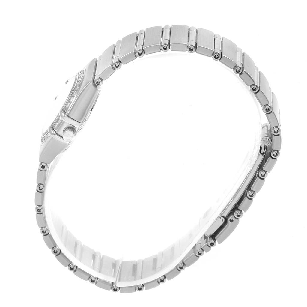 The image shows a side view of the Omega 1460.79.00 Women's Stainless Steel Mother of Pearl Dial 1460.79.00 Women's Stainless Steel Mother of Pearl Dial Constellation Iris Rainbow Multi Stone Watch 1460.79.00, highlighting the bracelet.