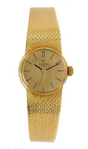 The image shows a frontal view of the Omega 7169 Women's Yellow Gold Champagne Dial 7169 Women's Yellow Gold Champagne Dial Vintage Ladies 18k Yellow Gold 7169 Watch, displaying the face and band.