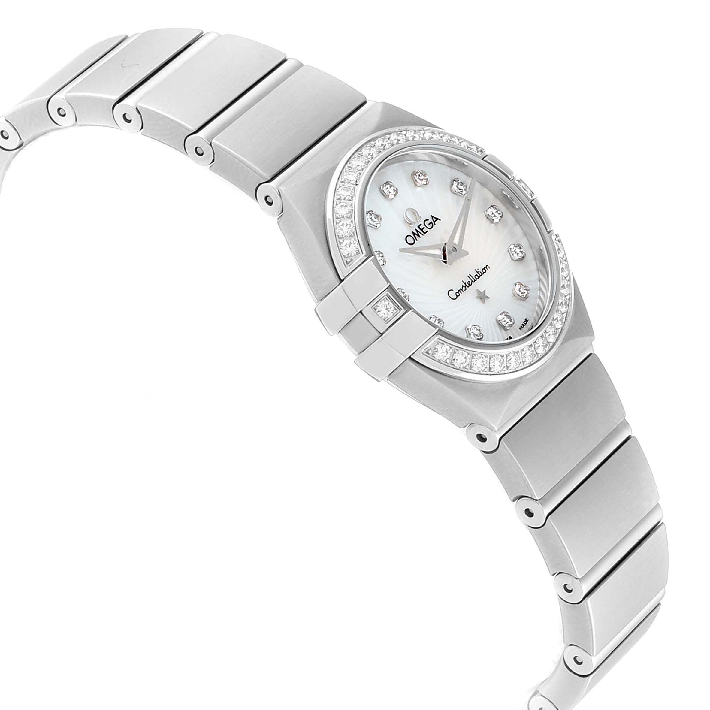 The image displays a side view of the Omega 123.15.24.60.55.004 Women's Stainless Steel Mother of Pearl Dial 123.15.24.60.55.004 Women's Stainless Steel Mother of Pearl Dial Constellation 24 MOP Diamond Watch 123.15.24.60.55.004, highlighting its bracelet and diamond-studded bezel.