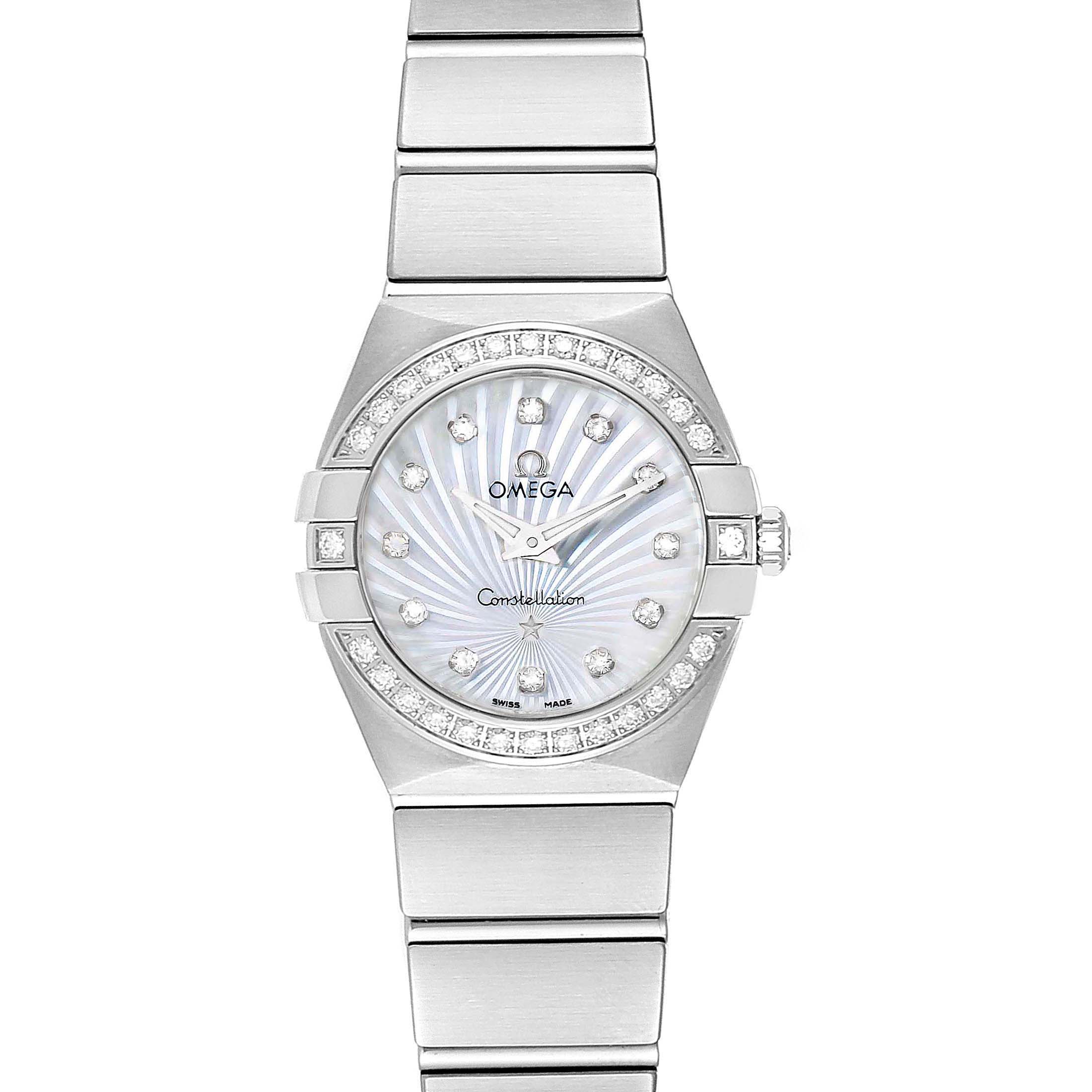 The image shows a front view of the Omega 123.15.24.60.55.004 Women's Stainless Steel Mother of Pearl Dial 123.15.24.60.55.004 Women's Stainless Steel Mother of Pearl Dial Constellation 24 MOP Diamond Watch 123.15.24.60.55.004, highlighting its face and bracelet.