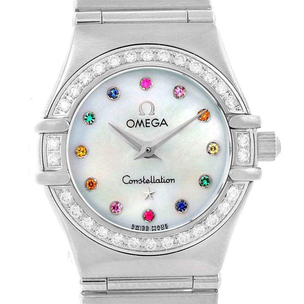 The image shows a frontal view of the Omega 1476.79.00 Women's Stainless Steel Mother of Pearl Dial 1476.79.00 Women's Stainless Steel Mother of Pearl Dial Constellation Iris Rainbow Multi Stone Watch 1476.79.00, highlighting its dial and bezel.