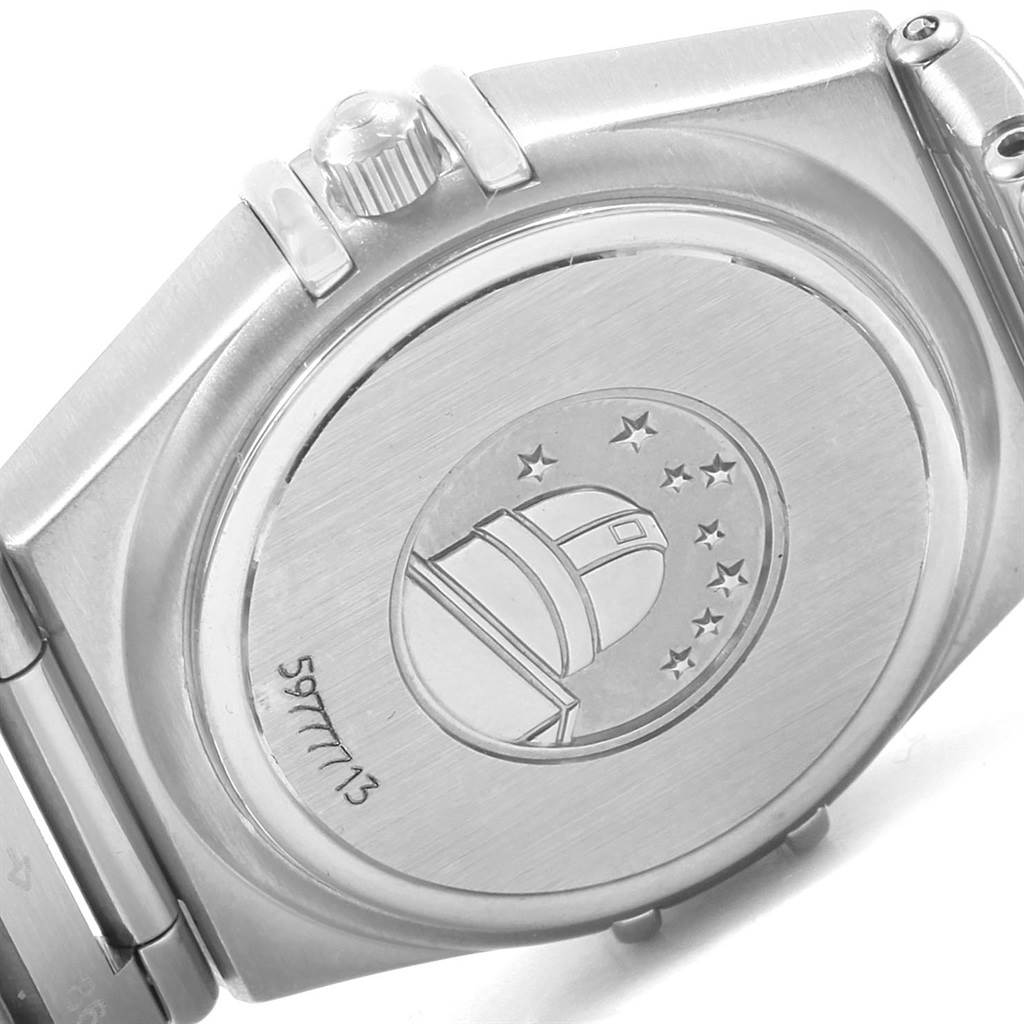 This image shows the back case and crown of an Omega 1476.79.00 Women's Stainless Steel Mother of Pearl Dial 1476.79.00 Women's Stainless Steel Mother of Pearl Dial Constellation Iris Rainbow Multi Stone Watch 1476.79.00.