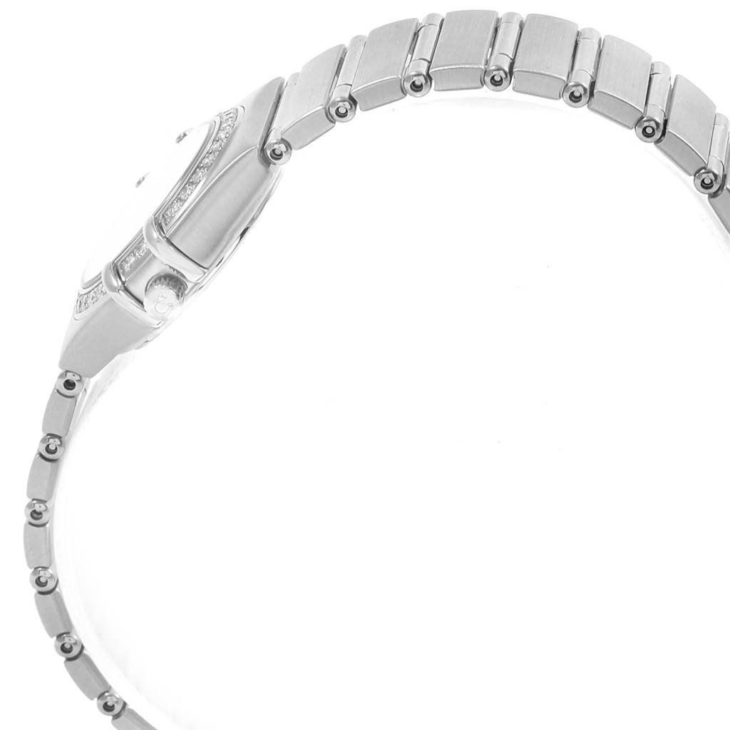 This side view image displays the bracelet and part of the case of the Omega 1476.79.00 Women's Stainless Steel Mother of Pearl Dial 1476.79.00 Women's Stainless Steel Mother of Pearl Dial Constellation Iris Rainbow Multi Stone Watch 1476.79.00.