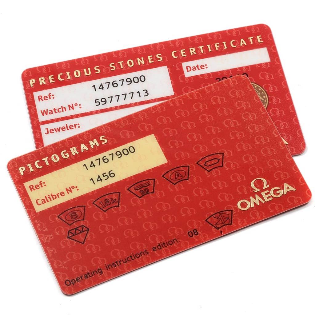 The image shows Pictograms and Precious Stones Certificate cards for the Omega 1476.79.00 Women's Stainless Steel Mother of Pearl Dial 1476.79.00 Women's Stainless Steel Mother of Pearl Dial Constellation Iris Rainbow Multi Stone Watch 1476.79.00.