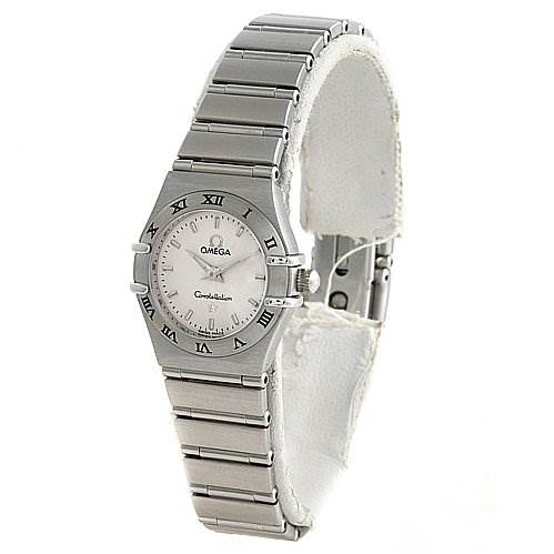 The image shows an angled view of the Omega 15623000 OR 1562.   30.   00 Women's Stainless Steel Silver Dial 15623000 OR 1562.   30.   00 Women's Stainless Steel Silver Dial Constellation '95 Ladies Mini 15623000 Watch, highlighting the face, bezel, and bracelet.