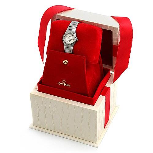 The image shows an Omega 15623000 OR 1562.   30.   00 Women's Stainless Steel Silver Dial 15623000 OR 1562.   30.   00 Women's Stainless Steel Silver Dial Constellation '95 Ladies Mini 15623000 Watch displayed in an open red and white box at a frontal angle.