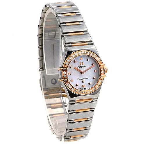 The image shows a front angle of the Omega 13687100 OR 1368.   71.   00 Women's Rose Gold Mother of Pearl Dial 13687100 OR 1368.   71.   00 Women's Rose Gold Mother of Pearl Dial Steel 18k Rose Gold Diamond My Choice Watch 13687100, including its dial and bracelet.